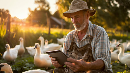 A farmer is using a tablet to monitor his geeseの素材