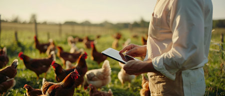 A farmer is using a tablet to monitor the health of his chickens on a pasture.の素材