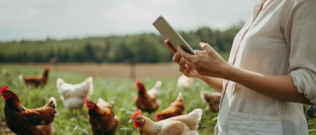 A woman in a white shirt is using a tablet to monitor the health of her chickens on a pasture.の素材