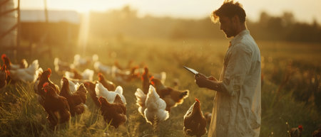 A farmer is using a tablet to monitor the health of his chickens on a pasture at sunsetの素材