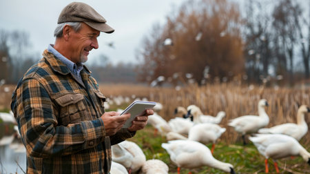 A farmer is using a tablet to monitor the health of his geese.の素材