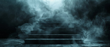 The dark, mysterious staircase leads to an unknown destination. The atmosphere is foggy and uncertain.の素材