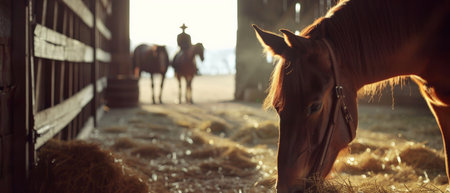A brown horse eating hay in a barn with a cowboy on another horse in the background.の素材