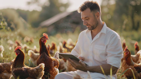 A young farmer is using a tablet to monitor the health of his chickens on a pasture-raised farm.の素材