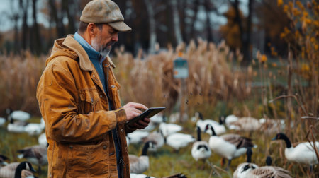 A man in a brown jacket and hat is using a tablet while standing in a field of geese.の素材