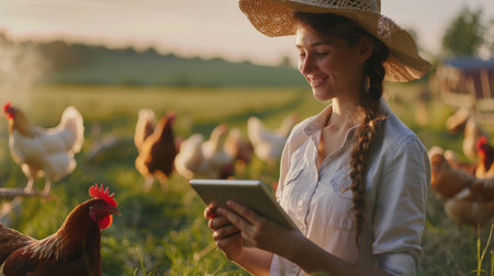 A young woman farmer is using a tablet to monitor the health of her chickens on a pasture-raised farm.の素材