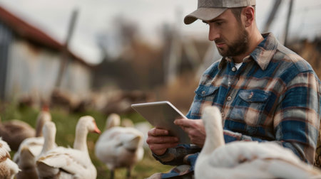 A farmer is using a tablet to monitor the health of his geese.の素材