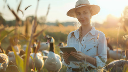 A female farmer is using a tablet to monitor the health of her livestock.の素材