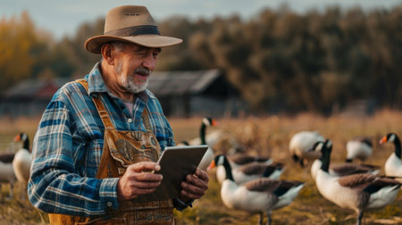 Senior farmer using tablet in field checking on his geeseの素材