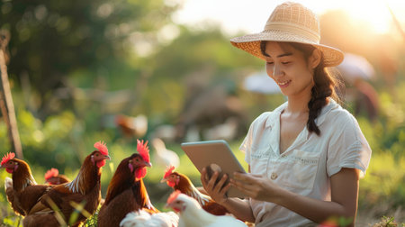 A young woman wearing a hat is using a tablet while sitting in a chicken coop.の素材
