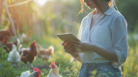 A young woman farmer is using a tablet to monitor the health of her free-range chickens on an organic farm at sunsetの素材