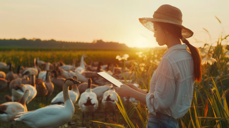 A young girl is feeding geese on a pasture at sunsetの素材