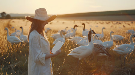 Young woman standing in a field of swansの素材