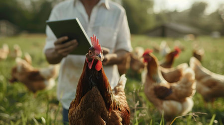 Farmer checking on his chickenの素材