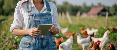 A woman in overalls uses a tablet to monitor the health of her chickens on her farm.の素材