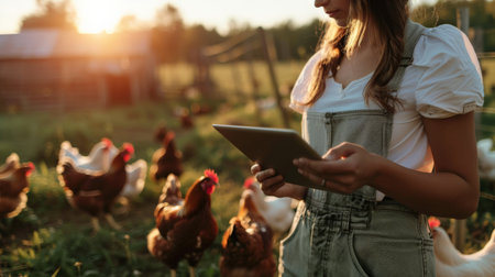 A woman in overalls is using a tablet to monitor the health of her chickens.の素材