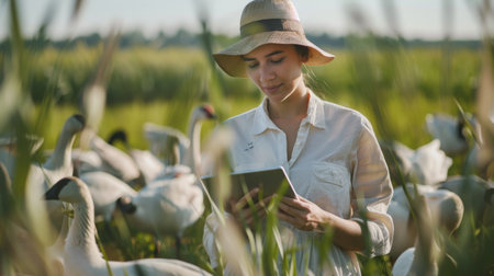 A young female farmer in a hat uses a tablet to monitor the growth of her geeseの素材