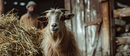 A goat standing in a barn looking at the camera with a man working in the background.の素材