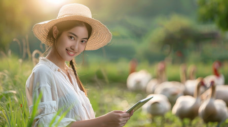 Smiling Asian woman farmer using tablet for checking quality of goose in organic farm at sunset.の素材