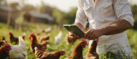 Farmer checking on his chicken using a tabletの素材