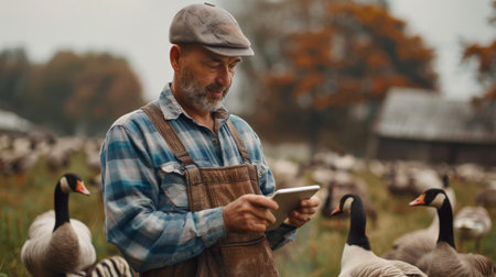 A farmer is using a tablet to monitor the health of his geese.の素材