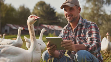 A farmer is using a tablet to monitor the health of his geese.の素材