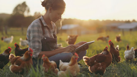 Young female farmer using digital tablet while sitting in the middle of free range chickens on pasture at sunsetの素材