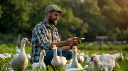 A farmer is using a tablet to monitor the health of his geeseの素材