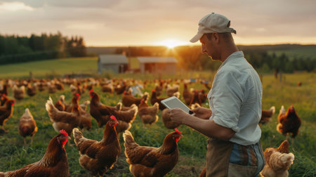 Farmer checking on his chicken in the morningの素材