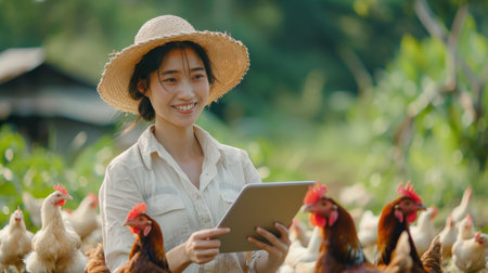 Asian woman farmer using tablet for checking quality of chicken at her organic farm.の素材
