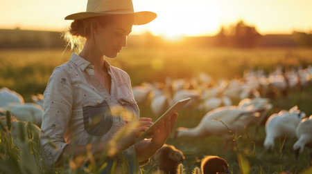 A young woman farmer is using a tablet to monitor the health of her chickens on a pasture at sunsetの素材