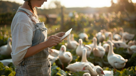A woman in overalls uses a tablet to monitor the health of her geese as they graze in a lush green pasture at sunset.の素材
