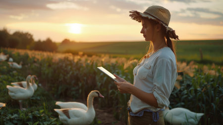 A young female farmer is using a tablet to monitor the health of her geese while they graze in a lush green field.の素材