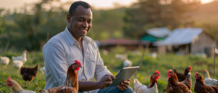 Smiling farmer holding a tablet and checking on his chickenの素材