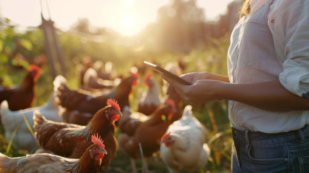 Rural scene with a farmer and chickens on a pasture at sunsetの素材
