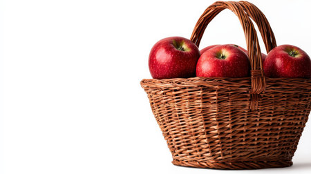 Apple basket isolated on white, filled with fresh apples, perfect for orchard brandingの素材