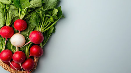 Bundle of fresh radishes isolated on white, perfect for farm produce themesの素材