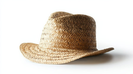 Classic straw farm hat isolated on white, ideal for rural lifestyle and garden themesの素材