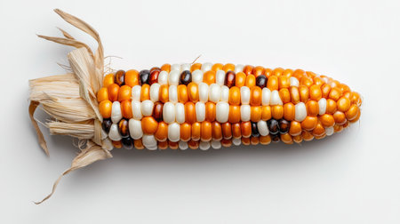 Corn cob isolated on white, showcasing fresh produce, ideal for food and farm brandingの素材