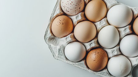 Egg carton with fresh eggs, isolated on white, perfect for farm and organic brandingの素材