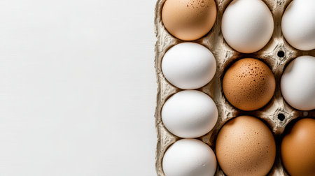 Egg carton with fresh eggs, isolated on white, perfect for farm and organic brandingの素材