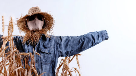 Farm scarecrow isolated on white background, ideal for rural and agricultural themesの素材