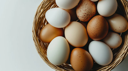 Egg basket filled with fresh eggs, isolated on white, perfect for farm and organic brandingの素材