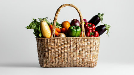 "Harvest basket isolated on white, filled with fresh vegetables, ideal for farm branding --ar 16:9 --quality 2 --personalize jkuoppj --v 6.1 Job ID: 0c515627-9b99-48a9-a49a-b7ba6889f1c9の素材