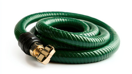Garden hose coiled up, isolated on white, ideal for farm and garden brandingの素材