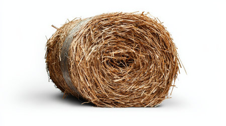 Hay bale isolated on white, showcasing textured straw, ideal for rural and farming visualsの素材