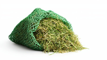 Hay net isolated on white, filled with fresh hay, perfect for livestock and farm brandingの素材