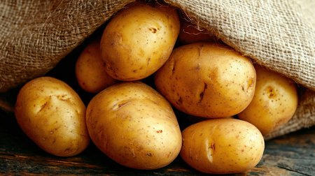 Sack of potatoes isolated on white, ideal for farm produce and grocery brandingの素材