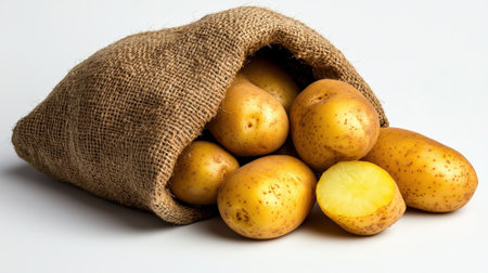 Sack of potatoes isolated on white, ideal for farm produce and grocery brandingの素材