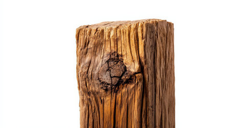 Wooden fence post isolated on white background, ideal for rural and farm brandingの素材